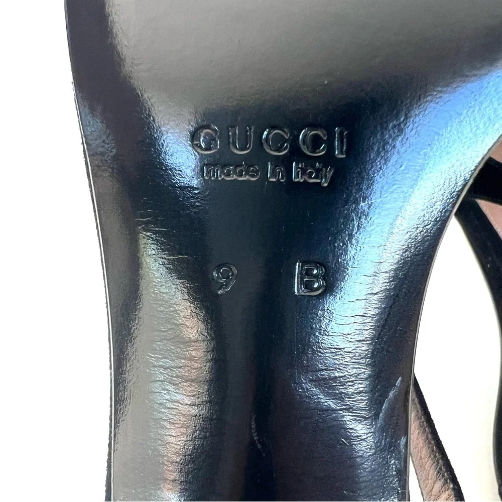 GUCCI Black Suede Interlocking Strap Closure Open Toe Classic Heel Sandal Sz 9 B